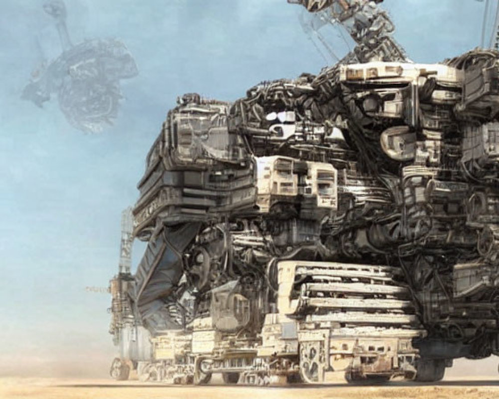 Giant walking mechanical structure in desert with smaller vehicles under hazy sky