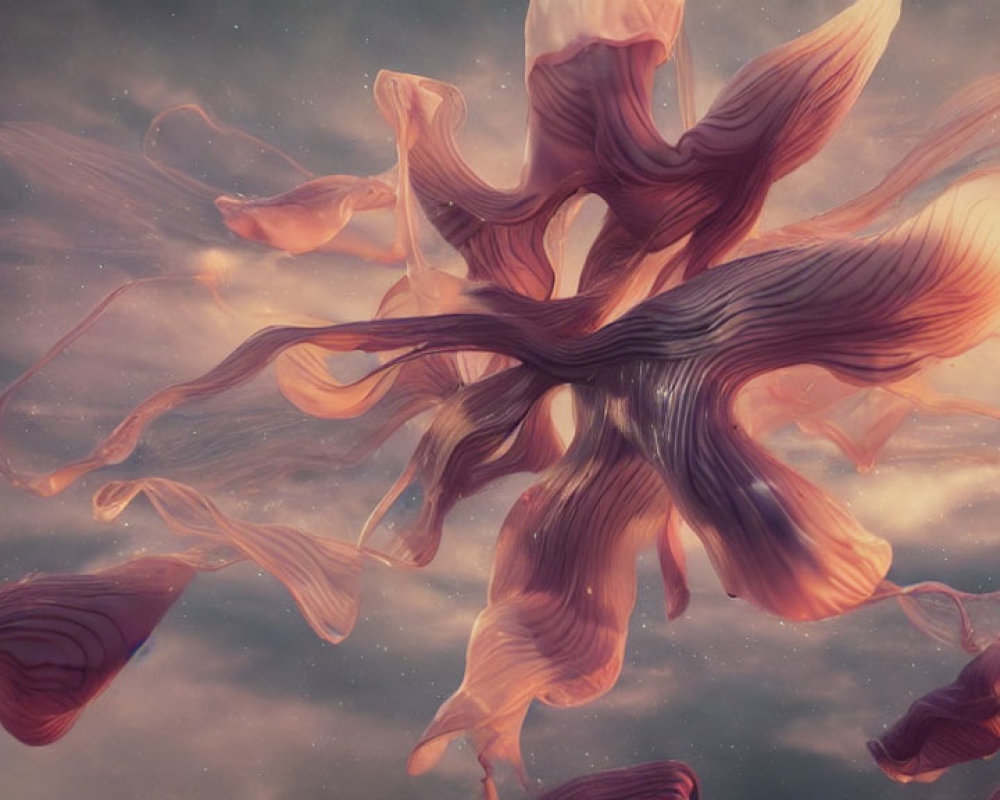 Surreal floating structure with petal-like extensions in cloudy sky