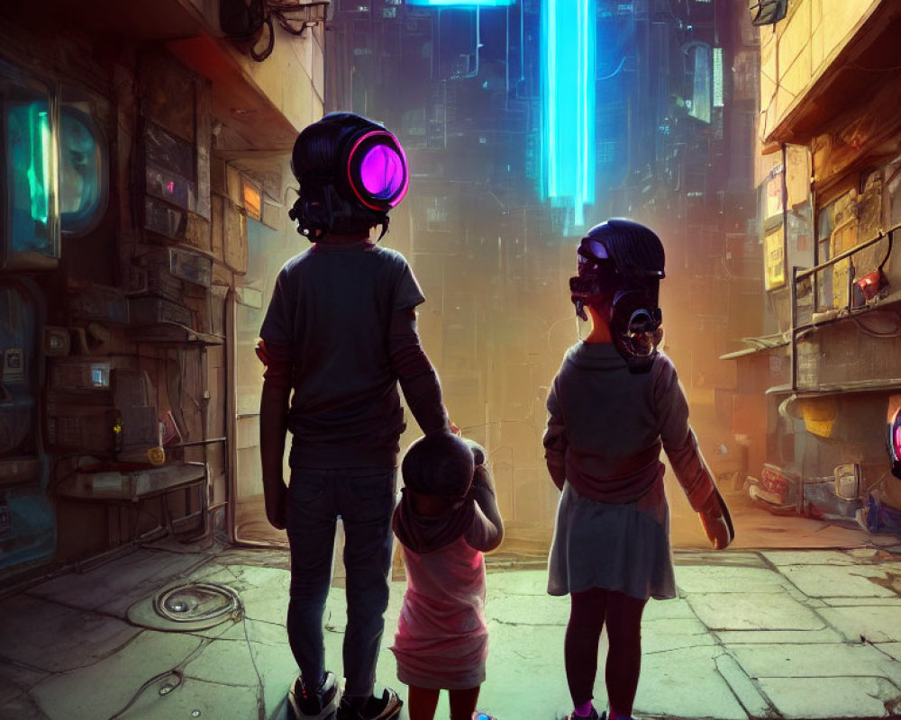 Three children in futuristic helmets in dystopian alley with neon-lit cityscape