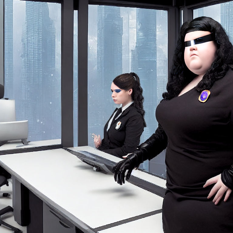 Two women in modern office setting, one at desk with computer, other standing in dark attire