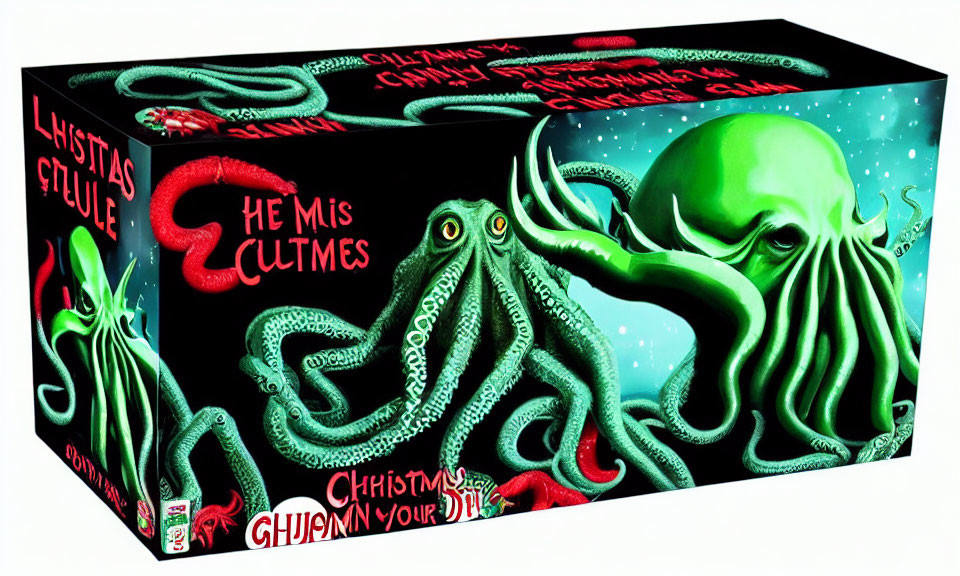 Colorful Box Illustration: Green Octopus Creature with Christmas Theme