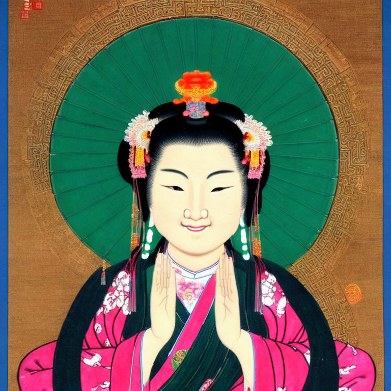 Traditional Asian painting: Woman in pink floral robe with ornate backdrop