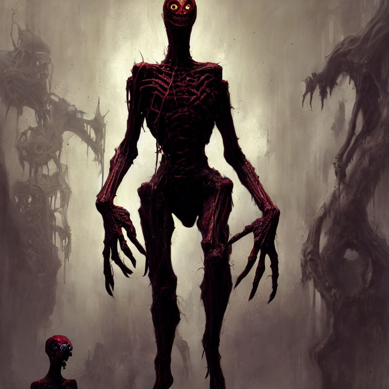 Sinister red-eyed skeletal creature in eerie setting