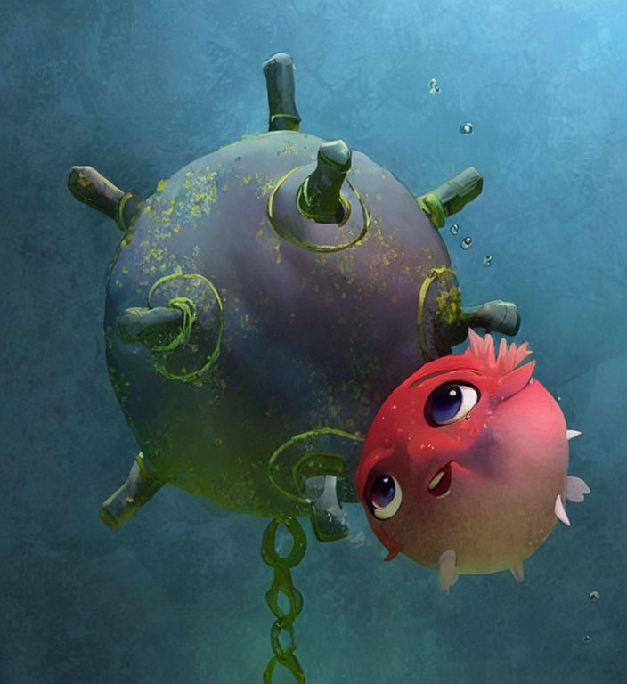 Red Cartoon Fish Observing Rusty Underwater Mine