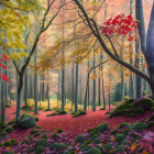 Vibrant Autumn Forest with Red Leaves and Sun Rays