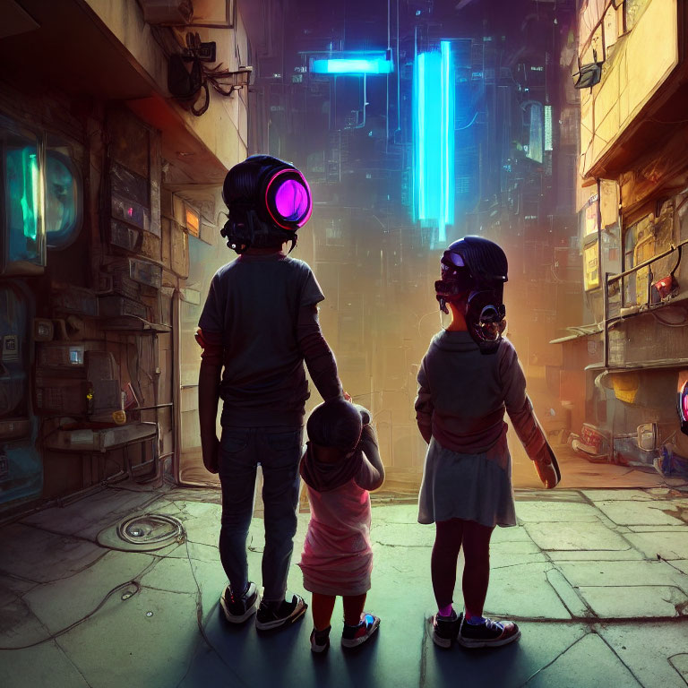 Three children in futuristic helmets in dystopian alley with neon-lit cityscape