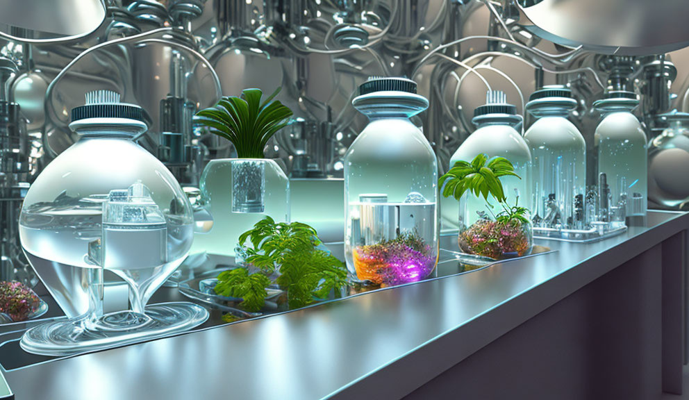 Indoor garden with futuristic plant containers and metallic backdrop