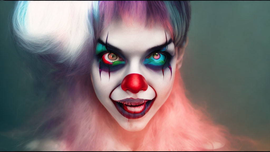 Colorful Clown Makeup with Red Nose and Intense Blue Eyes