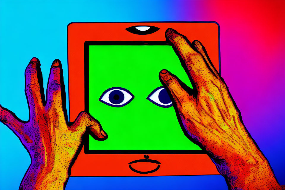 Vibrant digital art: hands with tablet and eyes on screen against colorful backdrop