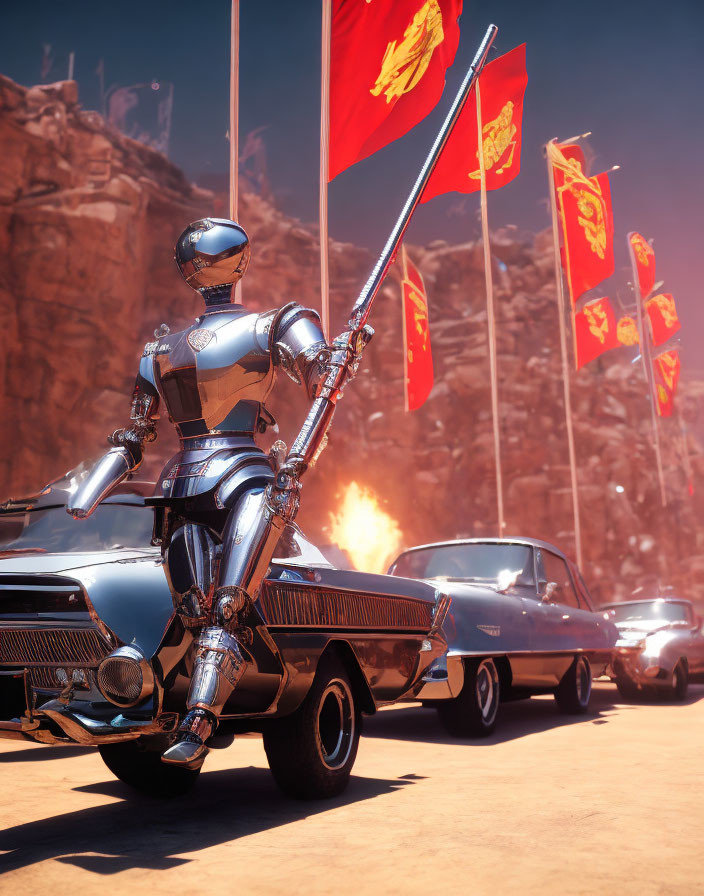 Shiny robot with flag among classic cars and fiery explosion in desert scene