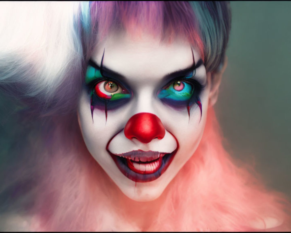 Colorful Clown Makeup with Red Nose and Intense Blue Eyes