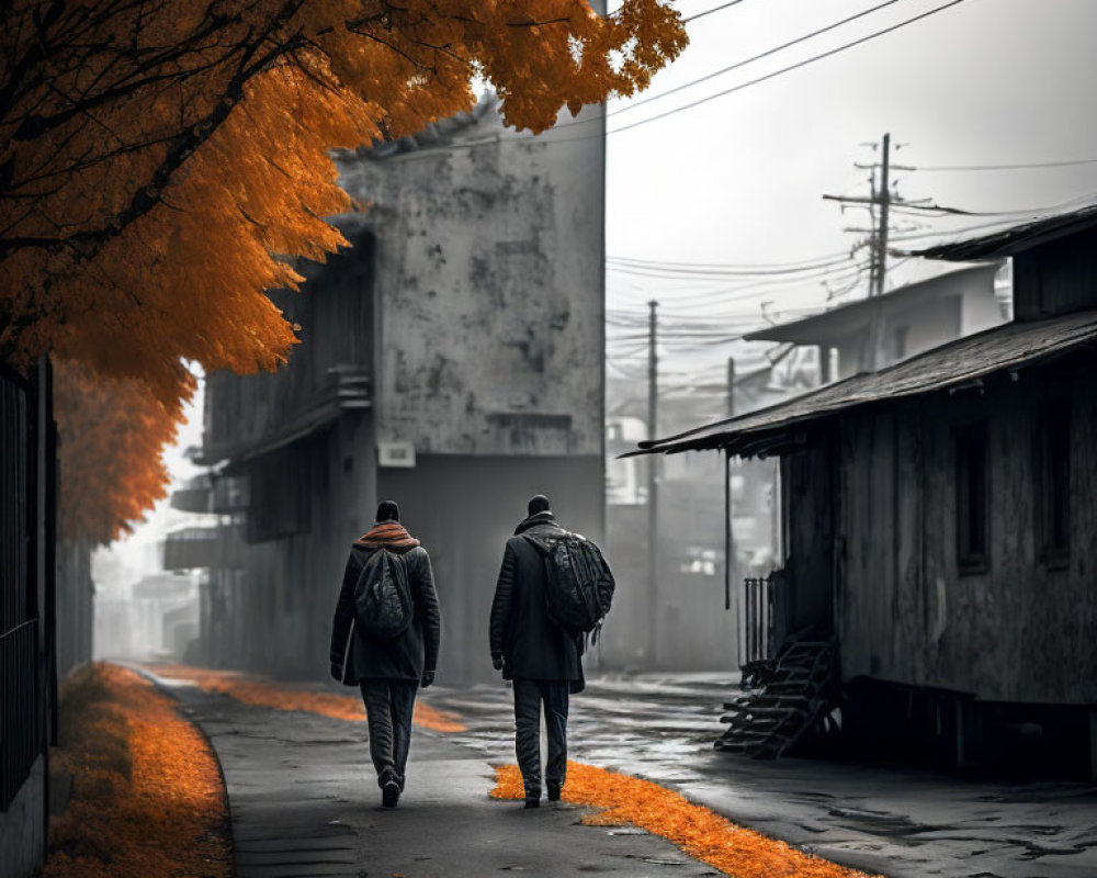 Two individuals strolling on foggy autumn street with orange leaves and old buildings.