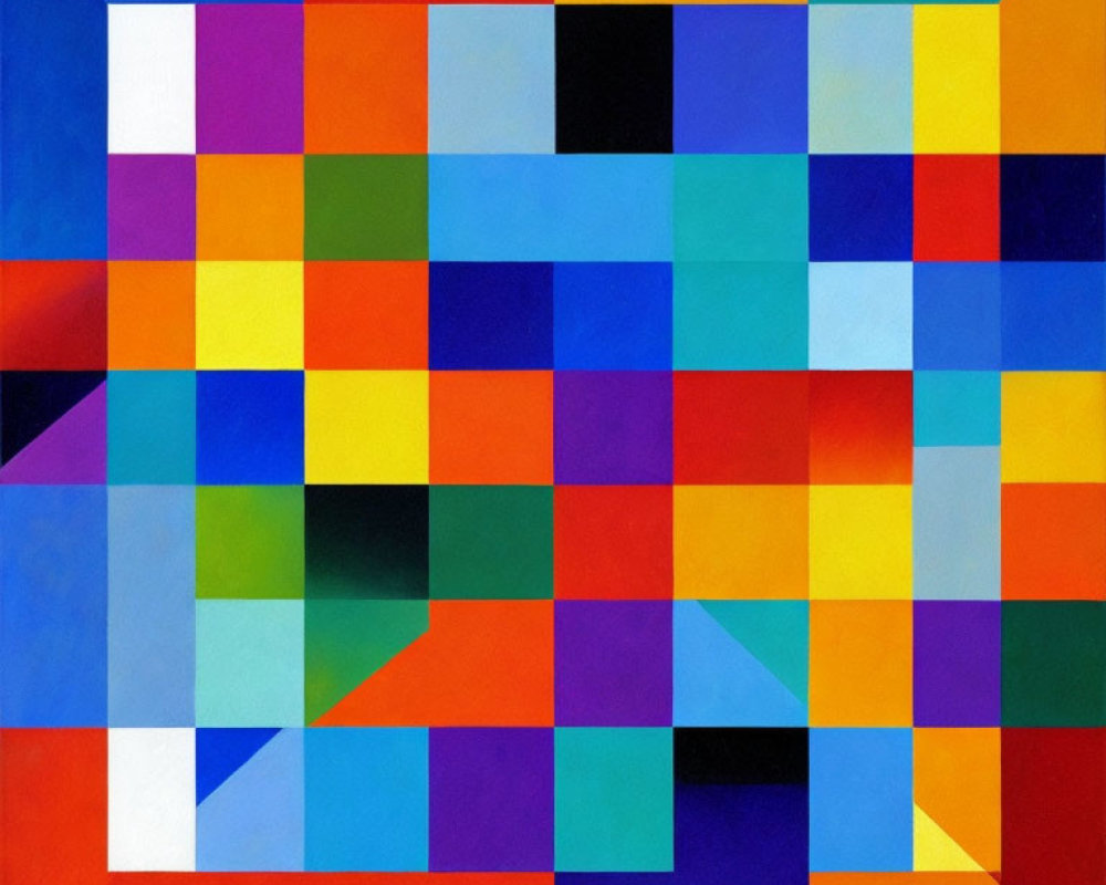 Vibrant Geometric Abstract Painting with Colorful Squares on Blue Background