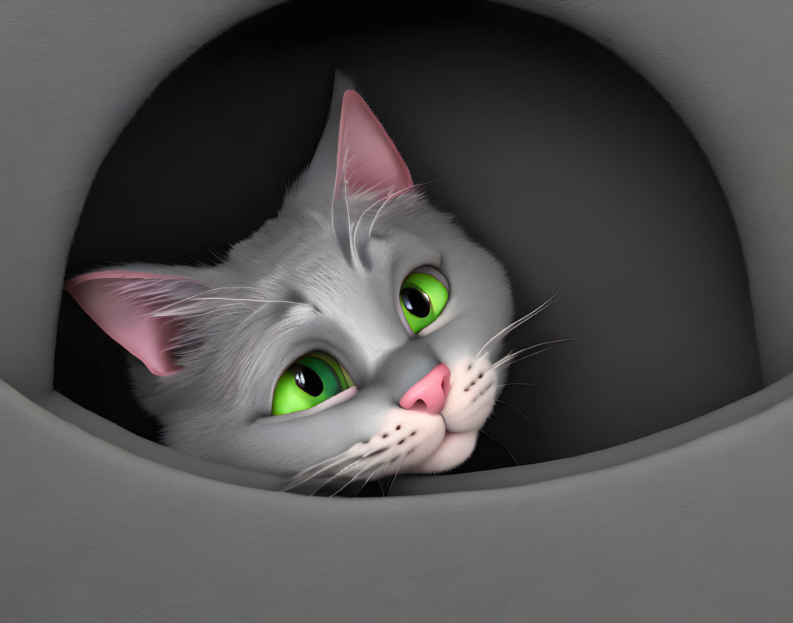 Grey and White Cat 3D Rendering with Green Eyes in Dark Hole