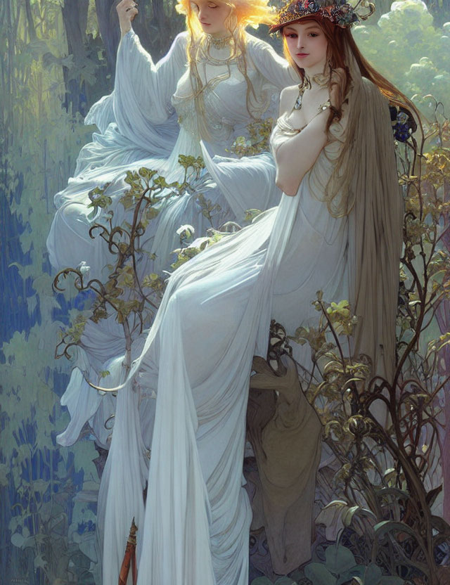 Ethereal women in white gowns amidst lush greenery adjusting crown