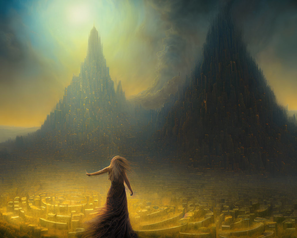 Woman with flowing hair in front of fantastical landscape with luminescent spires.