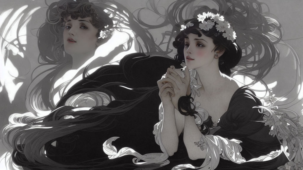 Illustrated woman with dark hair and white flowers, gazing introspectively beside mirrored image