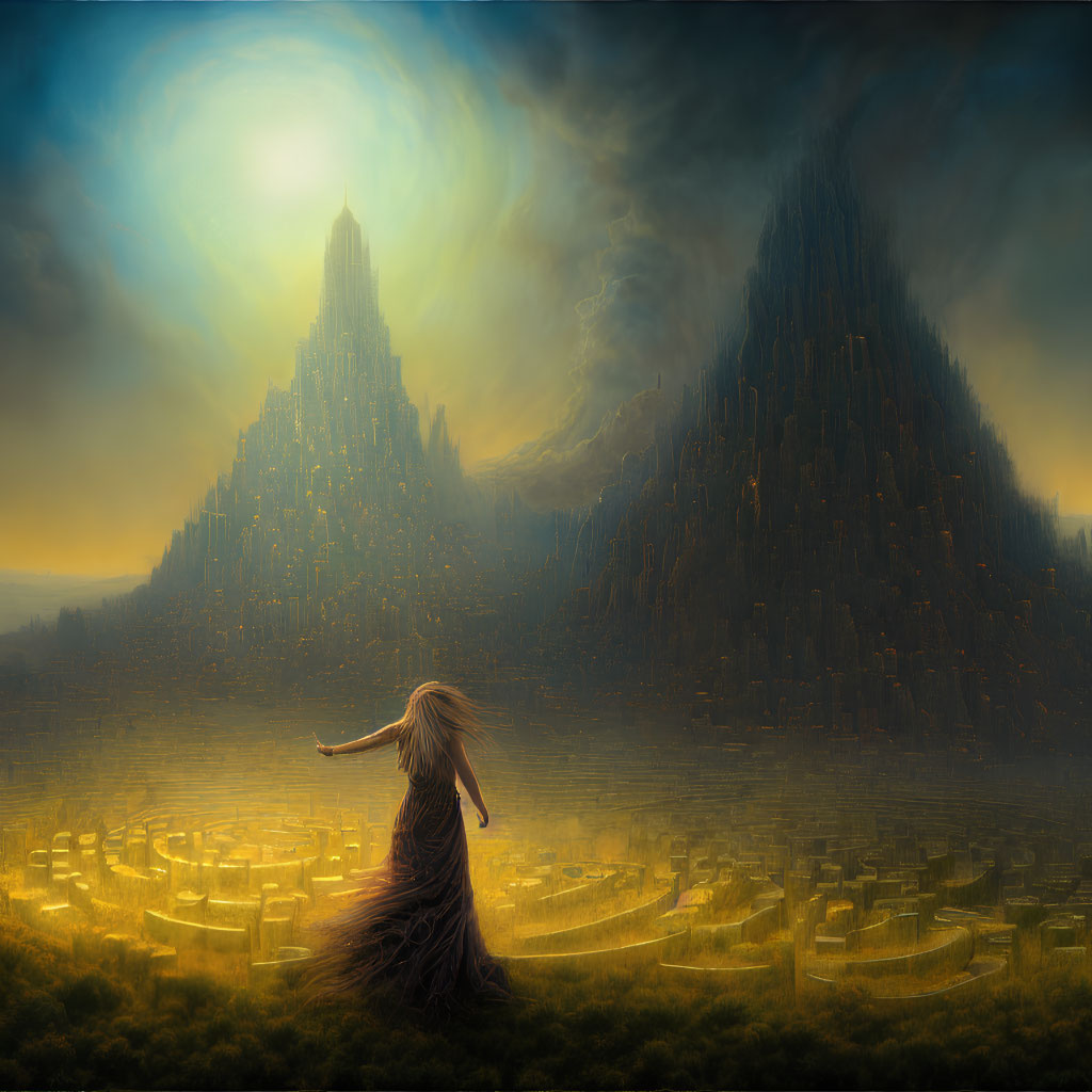 Woman with flowing hair in front of fantastical landscape with luminescent spires.