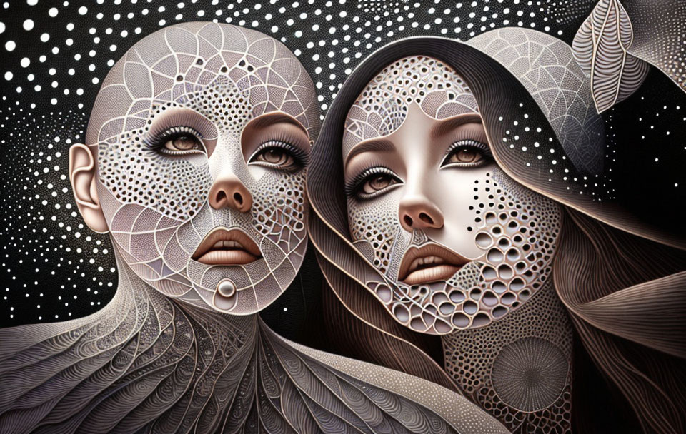 Hyper-detailed surreal portraits of women with intricate face patterns and feathers on black background.