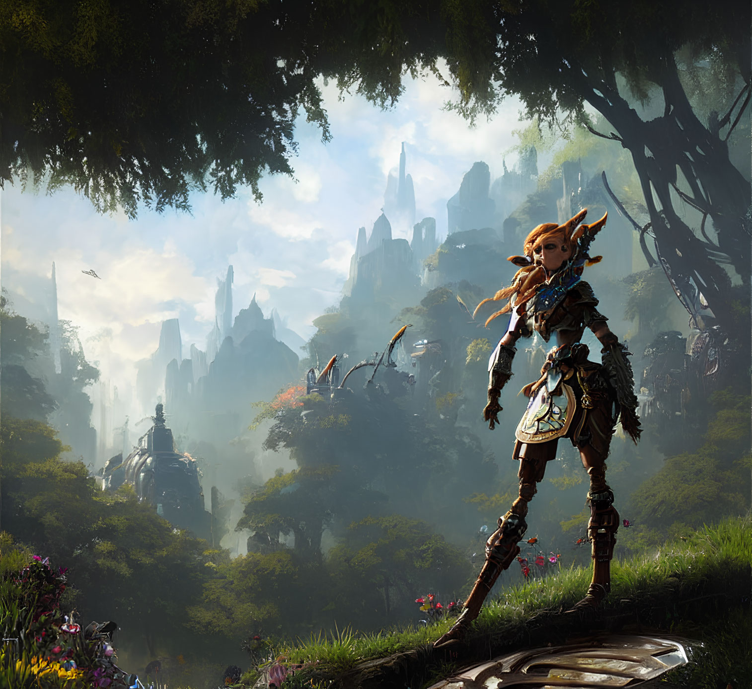 Female warrior in ornate armor in lush fantasy forest with ruins and distant city under hazy sky