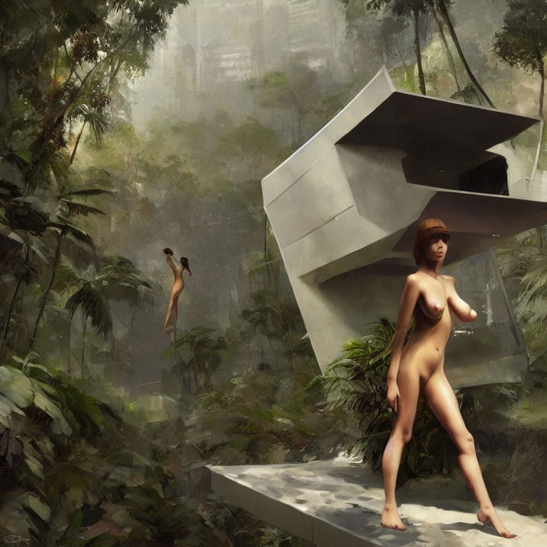 Futuristic structure in lush jungle with two figures