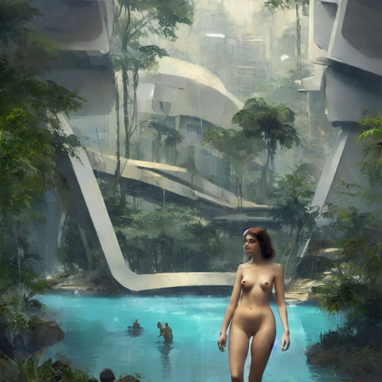 Woman in futuristic jungle by serene blue pond