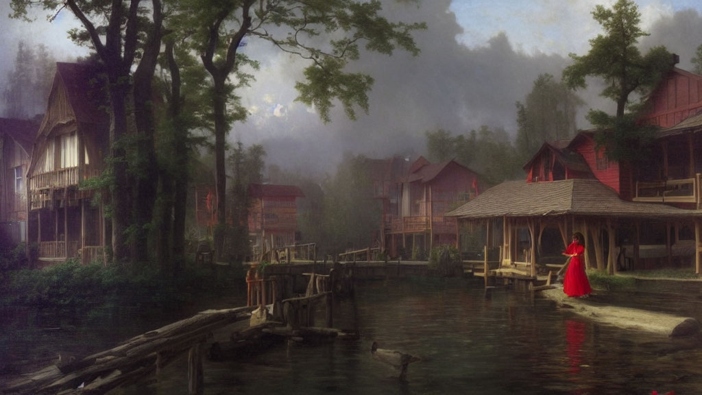 Tranquil lakeside with wooden houses, person in red on pier in misty setting