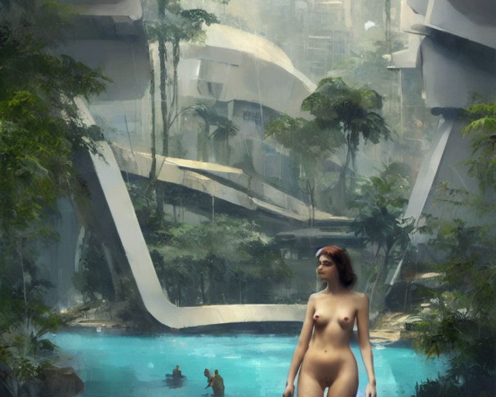 Woman in futuristic jungle by serene blue pond