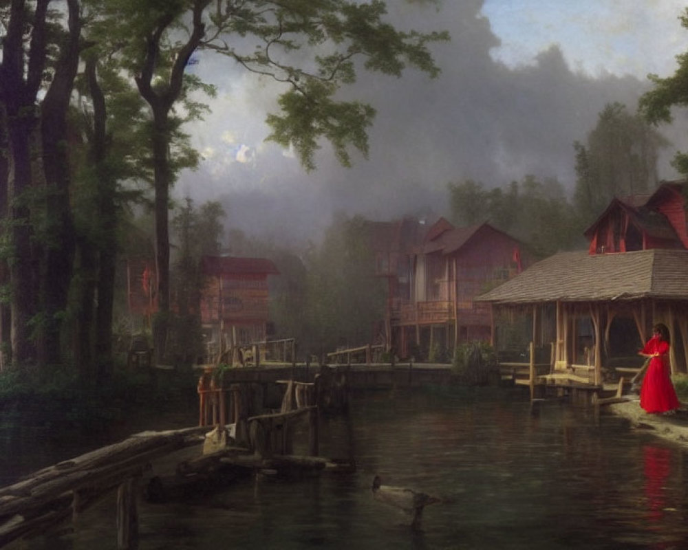 Tranquil lakeside with wooden houses, person in red on pier in misty setting