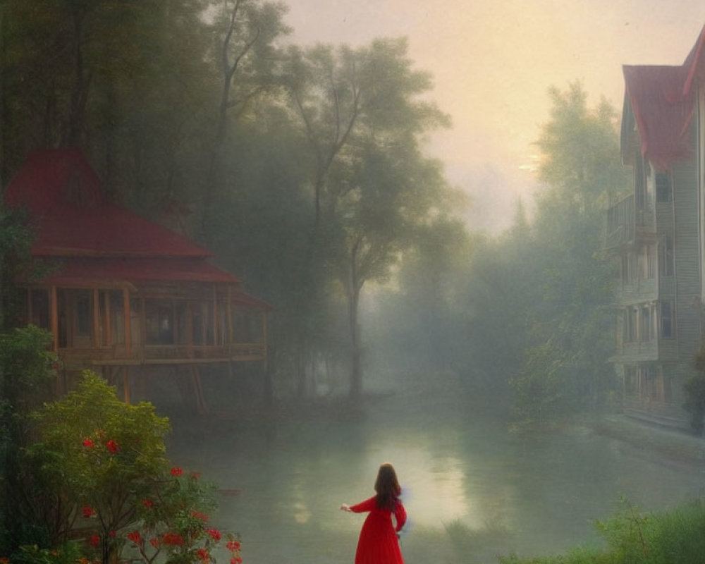 Young girl in red dress by tranquil river and misty village scene.