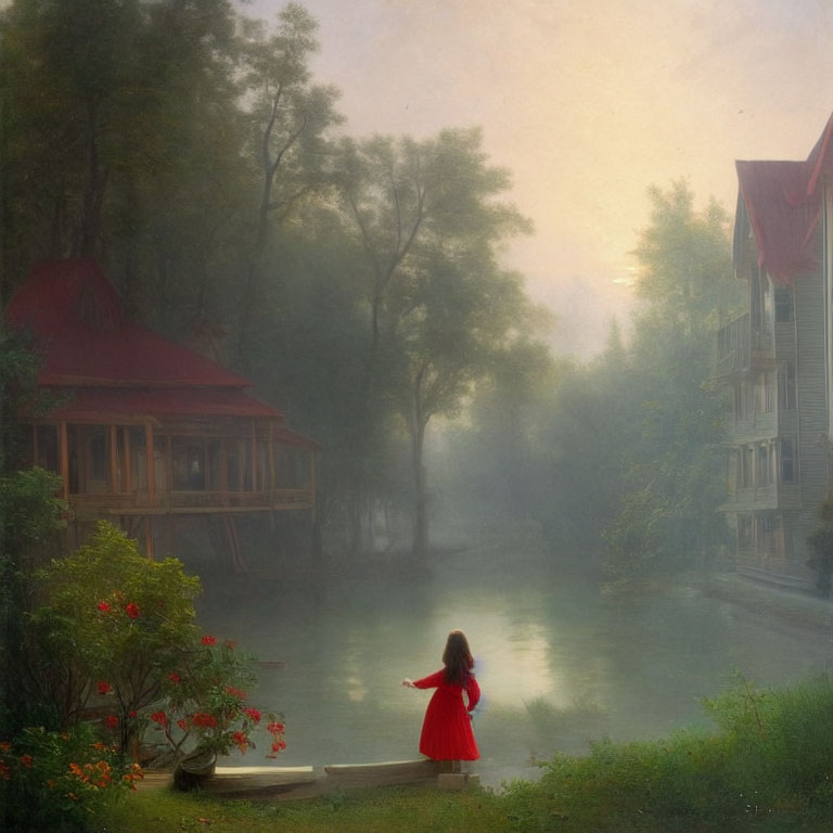 Young girl in red dress by tranquil river and misty village scene.