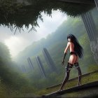 Female warrior in ornate armor in lush fantasy forest with ruins and distant city under hazy sky