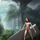 Red-haired female anime character in brown outfit in lush forest with stone face sculpture