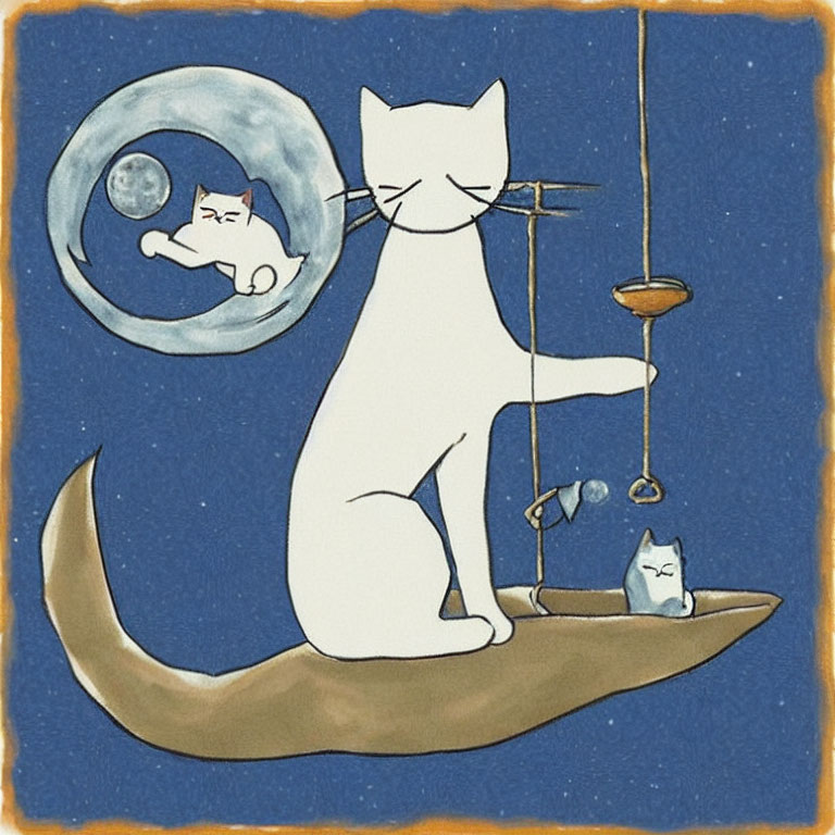 Whimsical white cat playing on crescent moon with two smaller cats