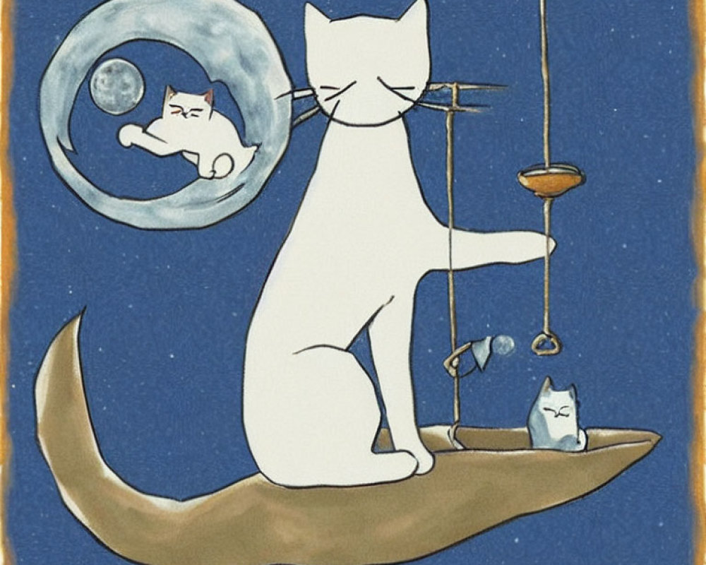 Whimsical white cat playing on crescent moon with two smaller cats