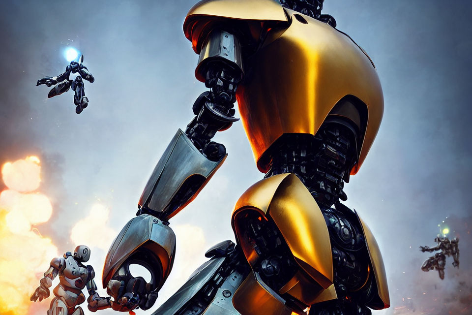 Large gold and black robot with flying jetpack robots against dusky sky