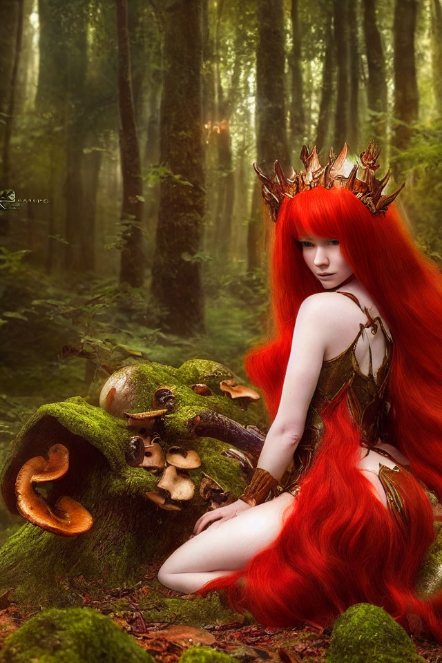 Vibrant red-haired woman with crown in mystical forest setting