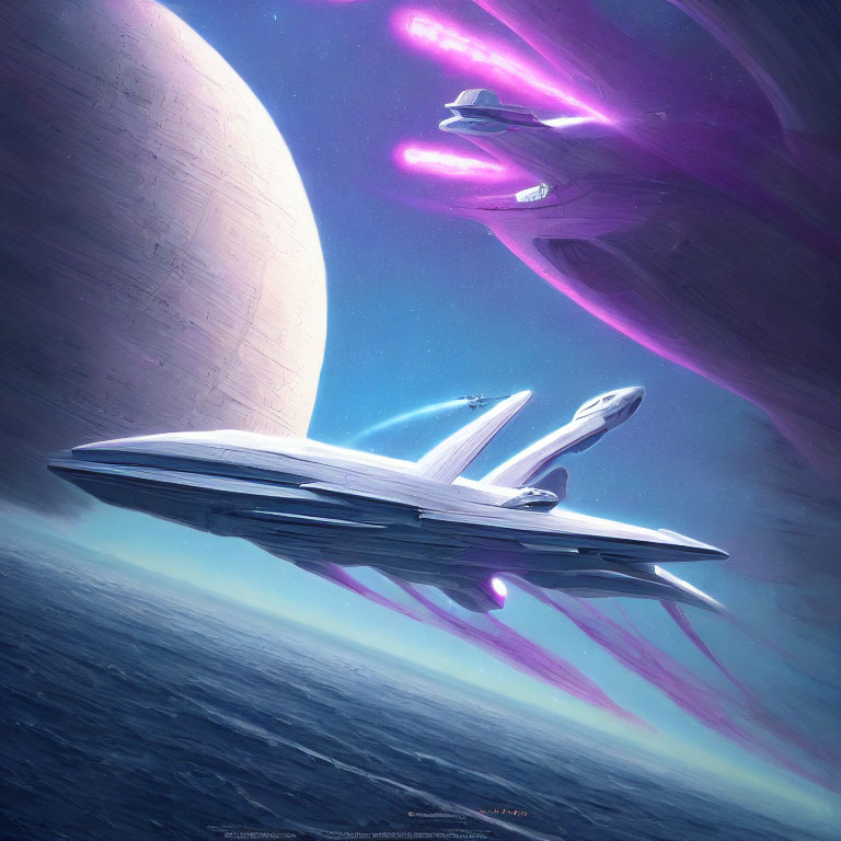Futuristic spaceship near giant planet in sci-fi scene
