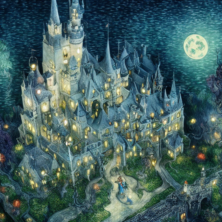 Illuminated castle at night with full moon, couple by entrance