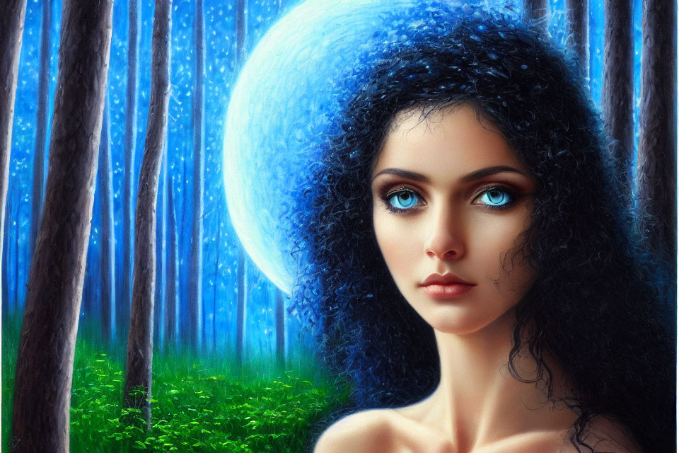 Digital portrait of woman with dark curly hair and blue eyes in mystical forest setting