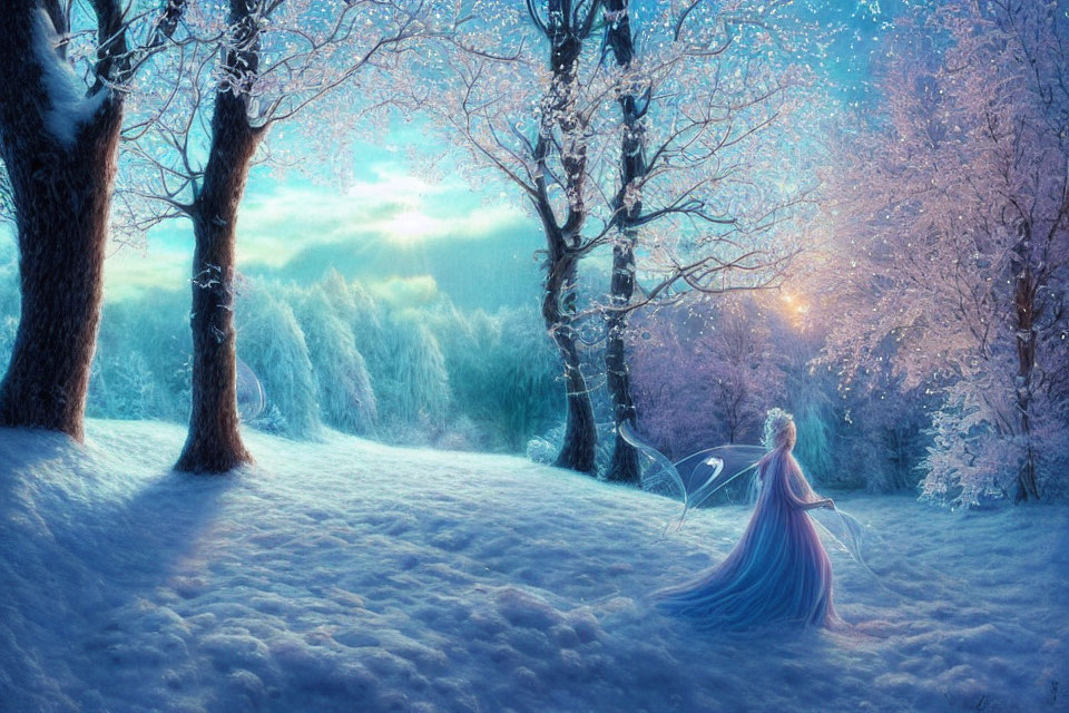 Translucent-winged fairy in purple dress in snowy enchanted forest.