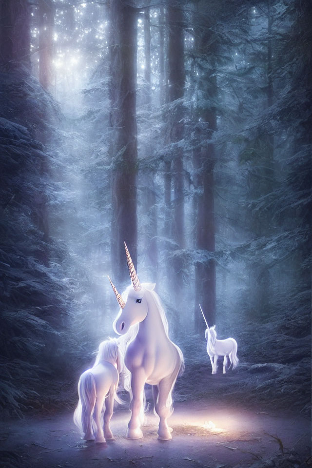 Mystical forest scene with two unicorns under ethereal light