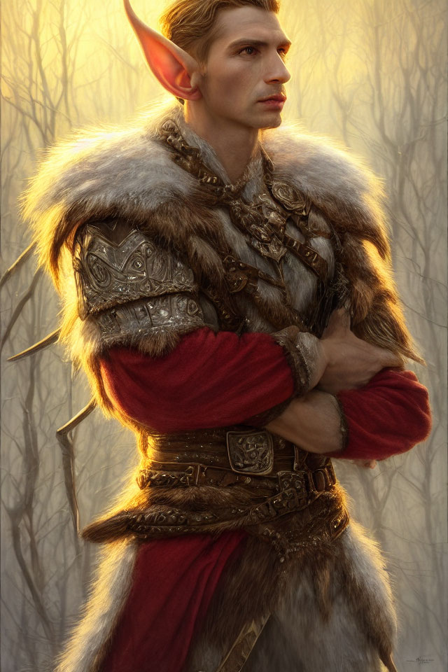 Elf in fur cloak and armor standing in forest clearing symbolizing fantasy and strength
