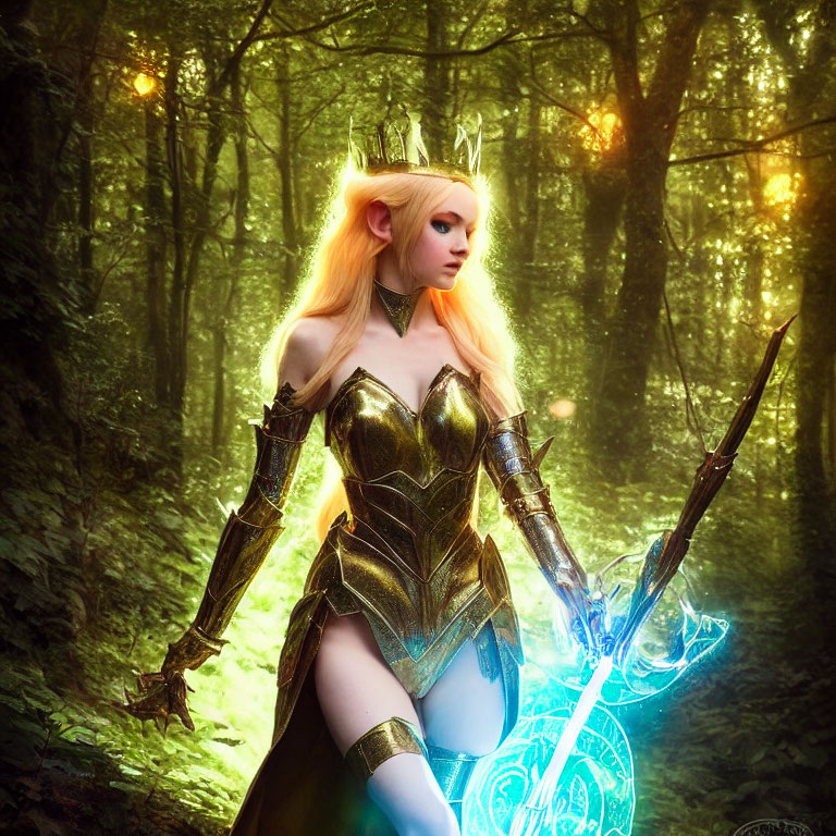 Regal fantasy character with glowing crown and weapon in sunlit forest