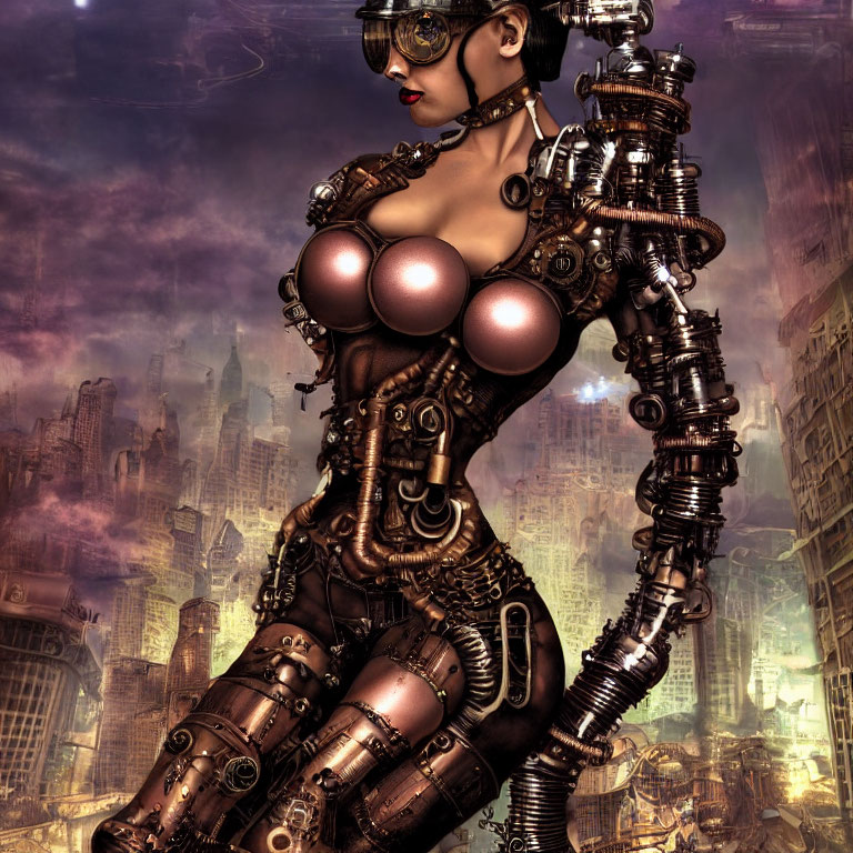 Steampunk-inspired Female Android in Futuristic Cityscape