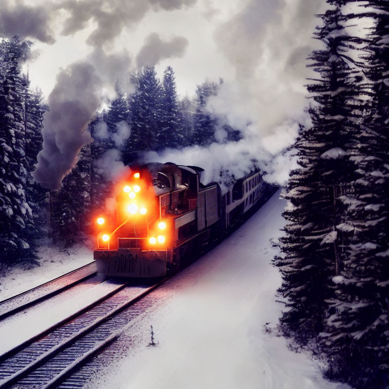Snowy forest train with illuminated headlights in dusky sky