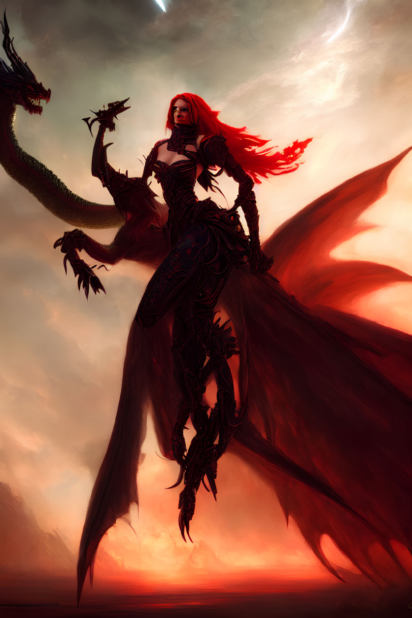 Fantasy warrior woman with red wings and dragon under dramatic red sky