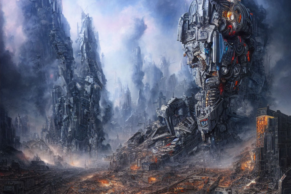 Dystopian landscape with towering ruins and fallen robot in smoky sky