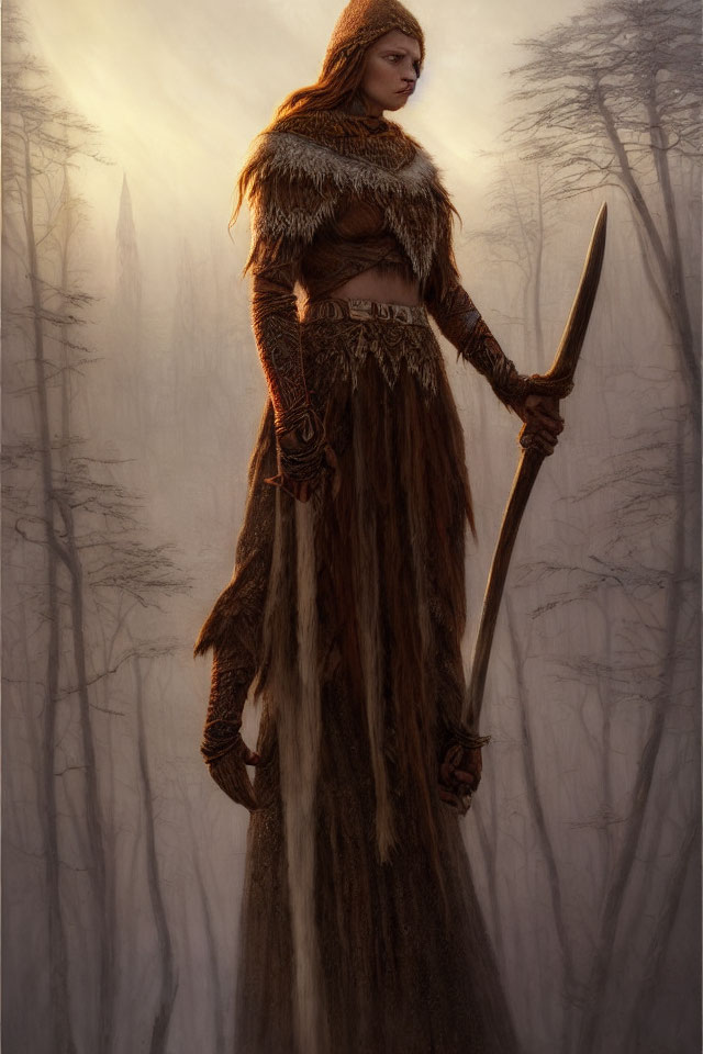 Regal tribal figure in forest with staff and mystical aura