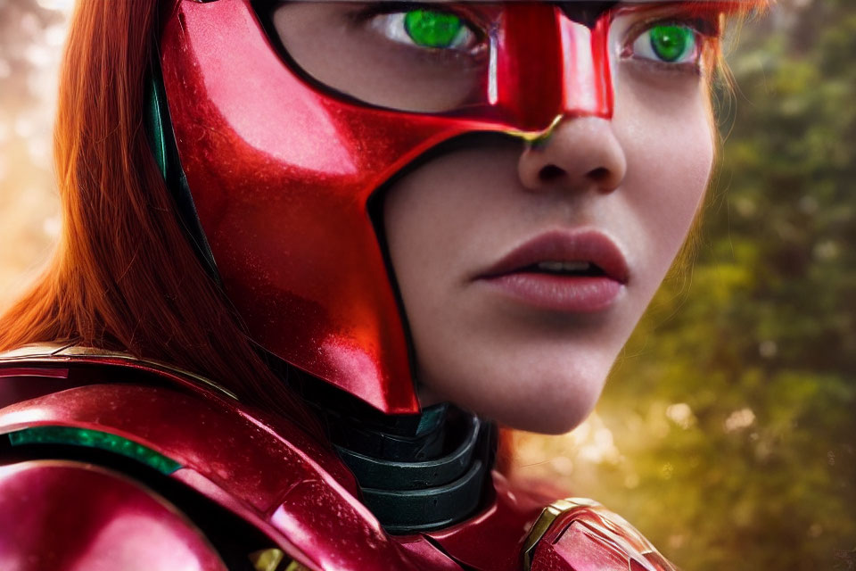 Person with green eyes in red superhero helmet with glowing lenses